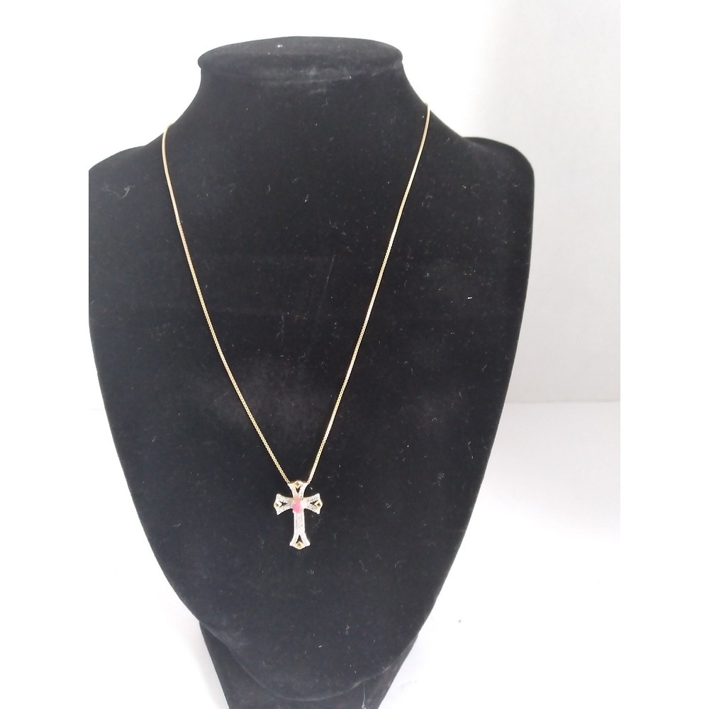 Cross Pendant‎ Necklace Gold Tone Pink Accent Religious Jewelry Gift